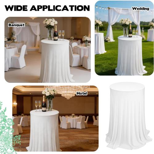 2 Pack Cocktail Table Tablecloth with Skirts 32 x 43Inch Soft Fabric Round High Top Table Cover Stretch Reusable Tablecloth Skirt Cocktail Tablecloths for Wedding Party Banquet Table Bar, White