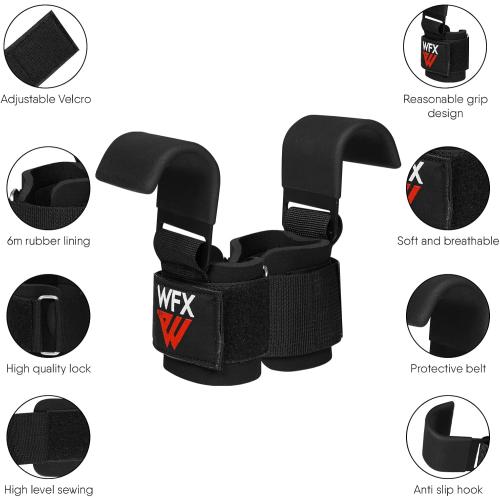 WFX Weight Lifting Hooks, Non-Slip Rubber Coated Grips, 7mm Neoprene Wrist Support Padding, Power Lifting Barbell Rows Dead Lifts Chin Pull Up Fitness Strength Training Straps Gym Workout Straps