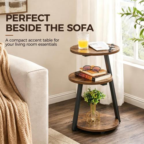 BEWISHOME Small Round Side Table, 3-Tier End Table with Storage Shelves | Small End Table, Nightstand with Metal Frame, Vintage Accent Table for Small Spaces with Storage Shelf, Living Room, Bedroom