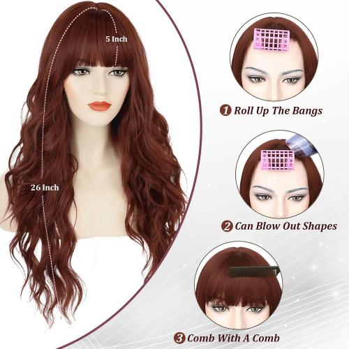 Ginger Orange Wigs with Bangs for Women Long Curly Auburn Wavy Wigs Heat Resistant Synthetic Bangs Wig for Daily Party Use (Ginger Orange, 26 Inches)