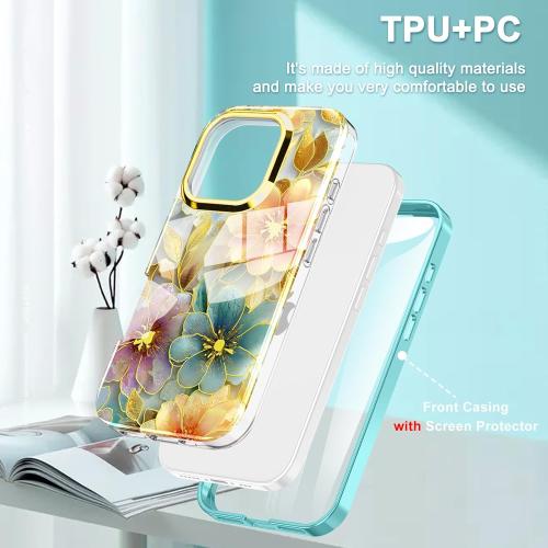 Cute Flower Case for iPhone 16 Pro Max 6.9 inch Built with Screen Protector, Lightweight and Stylish Full Body Shockproof Protective Rugged TPU Case for Women/Girls-Golden Peony Flower