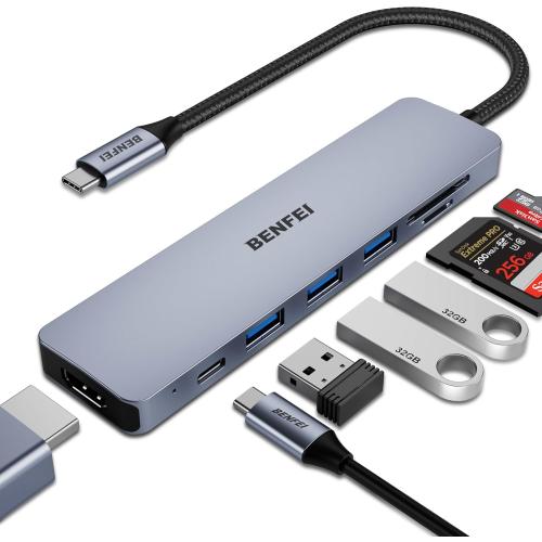 BENFEI USB C HUB 7-in-1 with HDMI(4K@60Hz,Certified), 100W Power Delivery, 3*USB 3.0, SD/TF Card Reader(160MB/s) Compatible with iPhone 15 Pro/Max, MacBook, iPad Pro, iMac, S23, XPS17