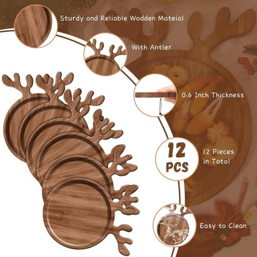 Ziliny 12 Pcs Christmas Appetizer Platter 12 Inch Cutting Board Acacia Serving Trays Wood Charcuterie Board Tray Snack Dessert Candy Dish Plate for Kitchen Gifts (Deer Antler)