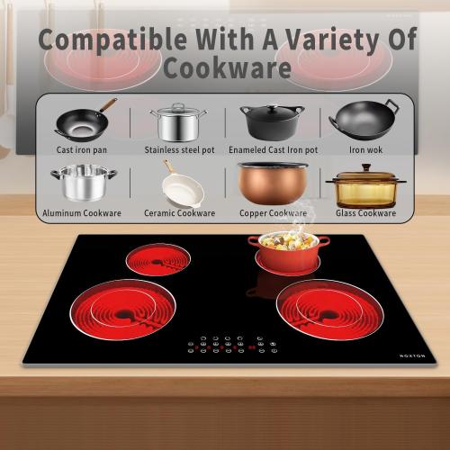 Noxton 30 Inch Electric Cooktop 4 Burners, Built In, Sensor Touch, Expandable Burners, Pause, Safety Lock, Timer, 7100W 220240V