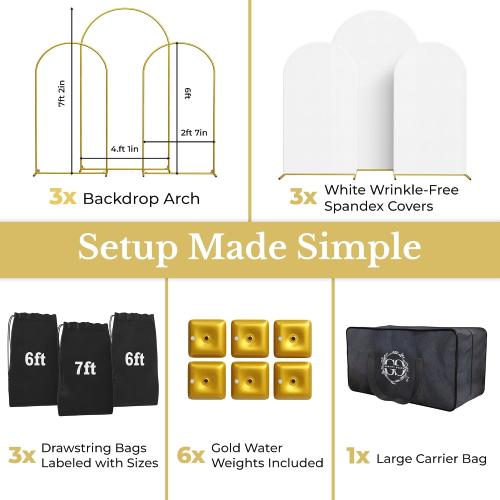 Metal Arch Backdrop Stand and Cover Set – 3 Gold Frames (7.2ft, 6ft x2) with White Wrinkle-Free Spandex Covers, Water Weights, Bags & Case – Wedding, Birthday, Baby Shower, Party Decor