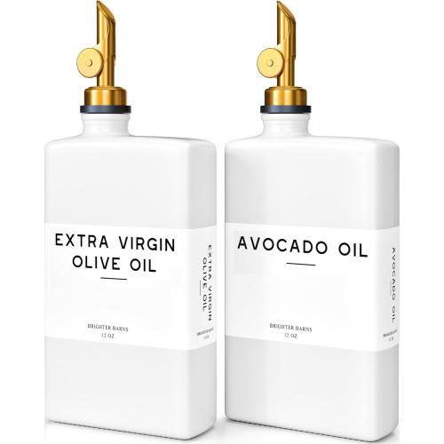 White Glass Olive Oil Dispenser Bottle for Kitchen by Brighter Barns - Avocado Oil Dispenser Set, Vanilla Syrup Bottle - Modern Decor, Gold Kitchen Accessories for Airbnb, Cafe (White/Gold, Set of 2)