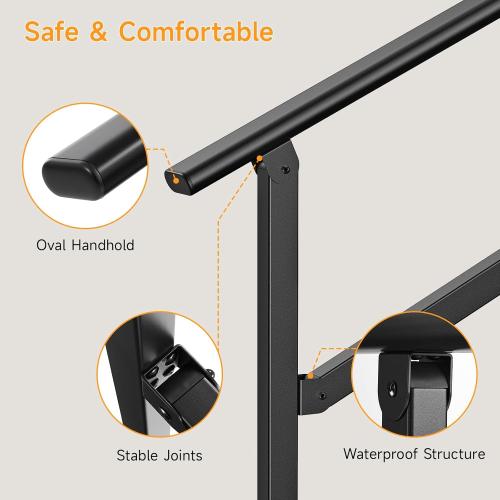 Hand Rails for Outdoor Steps, 2-5 Steps Wrought Iron Handrails for Outdoor Steps, Stair Railing for Porch, Home, Garden, Indoor, Staircase Handrails for Wooden, Cement, Brick, Marble (3 Steps)