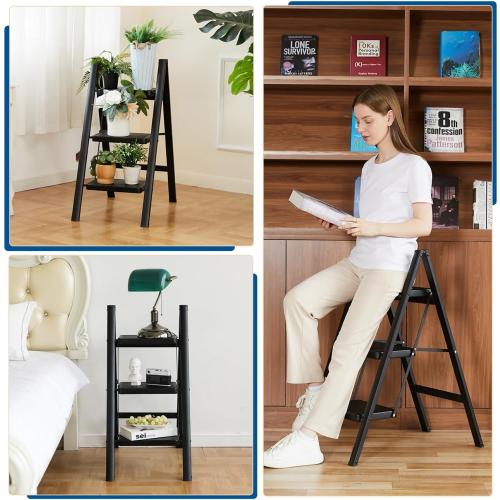 Double Elite Step Ladder 3 Step Folding, Sturdy 330 Lbs Load Small Step Stool for Adults, Safer Full Steel Multi-use Kitchen Ladder for Home, Closet Step Stool Ladder with Wide Pedals, Black, 3-Step