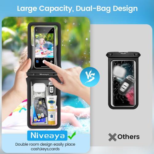 Niveaya Double Space Waterproof Phone Pouch (2-Pack) - IPX8 Phone Case Dry Bag for Beach, Kayak, Cruise Travel Essentials - Compatible with iPhone 17/16/15/14 Pro Max Galaxy S25/S24 Ultra (up to 8.3)