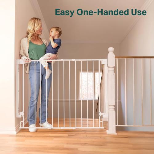 Cumbor 34 Extra Tall No Bottom Bar Baby Gate for Stairs, 29.2-43 Dog Gate | Hardware Mounted, Expandable Extra Tall Safety Gate for Larger Pets, Dual Lock Pet Proof, Easy Walk-Thru for Access (White)