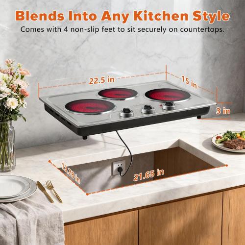 CUSIMAX Hot Plate,1800W Triple Infrared Burner, Independent Temperature Control,Electric Stove Can Simultaneously Cook Three Dishes,Compatible for All Cookware,Stainless Steel for Easy Cleaning