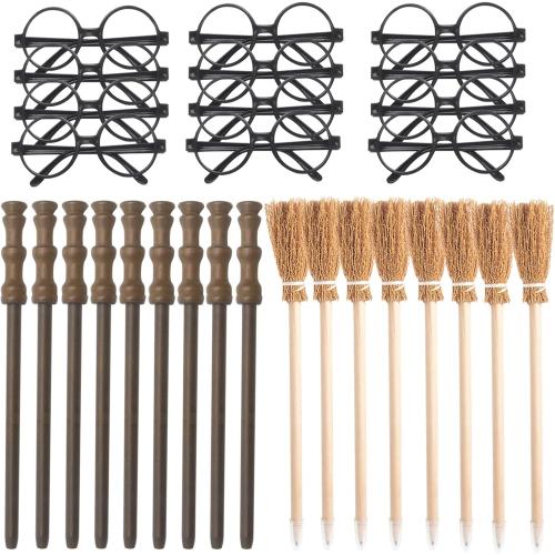 Party Supplies Kit -Black Round Glasses with Round Frame No Lenses, Broom Pencil, Wand Pencil for School Birthday, Halloween,Cosplay Party Decor（Each of 12 pcs ）