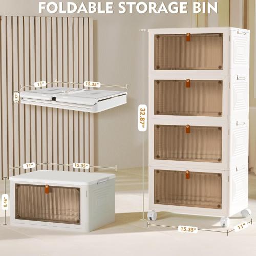 4 Tier Plastic Storage Bins with Lid  Stackable Storage Containers with Wheels, Folding Storage Boxes, Collapsible Storage Bins, Closet Organizers and Storage for Living Room,Office,Dorm