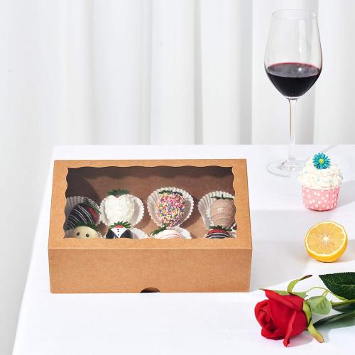 50PCS 10 x 7 x 2.5 inches One Piece Brown Bakery Boxes, Cookie Boxes, Natural Kraft Brown Strawberry Boxes with Display Window