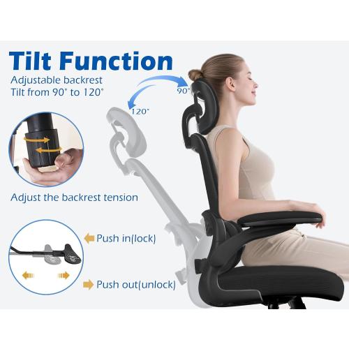 TRALT Ergonomic Office Chair - Desk Chair with Adjustable Headrest Lumbar Support Computer Chair - Mesh Comfy Chair with Flip-up Armrests - Gaming Chairs for Adults Home Office (Leather, Black) | Home Office Desk Chairs with Flip-up Armrests & 3D Headrest - Mesh Gaming Chair for Adults, 330lbs, PU Leather (Black, 1)
