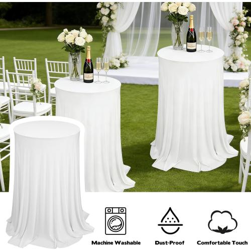 2 Pack Cocktail Table Tablecloth with Skirts 32 x 43Inch Soft Fabric Round High Top Table Cover Stretch Reusable Tablecloth Skirt Cocktail Tablecloths for Wedding Party Banquet Table Bar, White