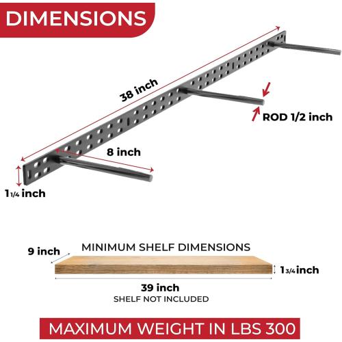 Set of 2 Floating Shelf Brackets 38 inch Multiple Mounting Location Hit 3 Studs Heavy Duty Perfect Bracket for Long Shelf/ Hidden Wall Shelves Support Hardware Kitchen/Living Room/Office (8 inch Rods)