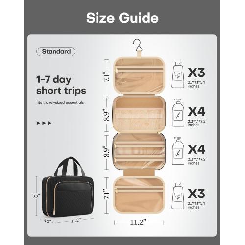 HOTOR Travel Toiletry Bag for Women & Men, Waterproof Makeup Bag with Hanging Hook and Multiple Pockets, Cosmetic Bags for Women, Travel Essentials, 11.2'' x 3.2'' x 8.9'', Black