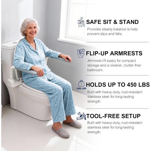 Toilet Safety Rails for Seniors Flip-up Toilet Grab Bars Safety Handle | Space-saving & Freestanding; Heavy Duty Metal Frame; No Legs; Easy to Install & Clean; Fits Standard Toilets; 450lbs Capacity