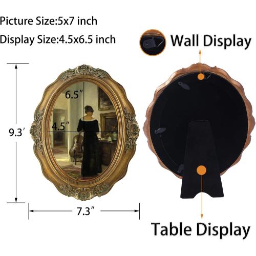 SIKOO Vintage Picture Frames 5x7 Oval Picture Frame Tabletop and Wall Mount Antique Picture Frame with High Definition Glass Front,Oval Wall Art, Bronze Gold