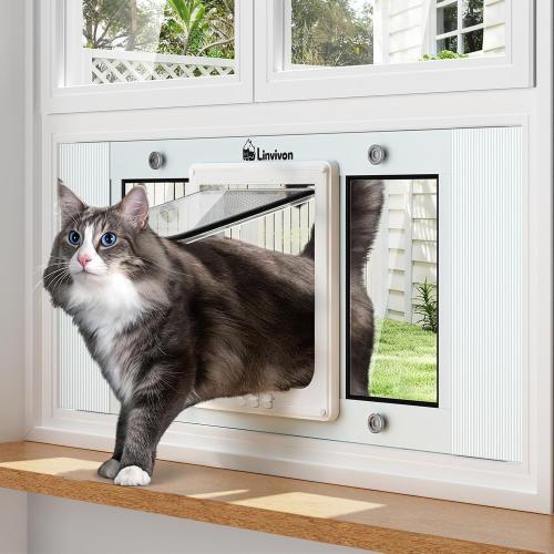 Cat Door for Window, Quick Installation Adjustable Width of 23-28, Cat Window Door with 4 Locking Modes, Magnetic Closure Design, Weatherproof Aluminum Frame Cat Door Window Insert