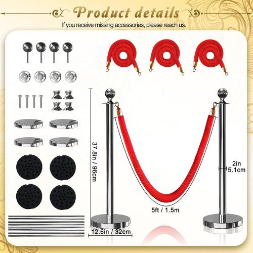 4PCS Silver Stanchions Posts with 3PCS 5 ft Red Velvet Rope, Red Velvet Rope Stanchion Set Crowd Control Barriers, Stanchions and Velvet Ropes Red Carpet Poles for Party Supplies
