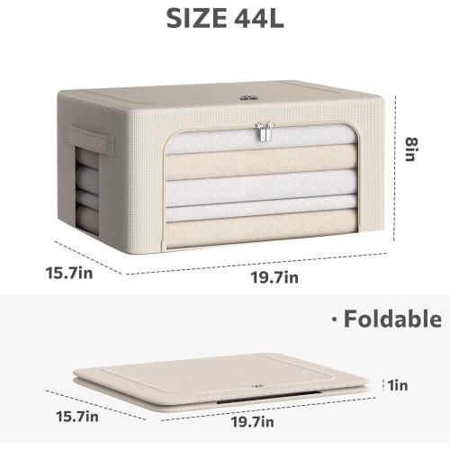 CYhom 3Pack Frame Storage Box - Clothes Storage Bin Bags Oxford Fabric Foldable Stackable Container Organizer Set with Clear Window & Carry Handles (Beige, Medium-44L)