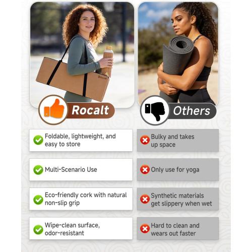 Rocalt Foldable Cork Yoga Mat, Non Slip Travel Pilates Workout Mat | 69 x 24 x 0.25 in, accordion-fold design, POE backing, carry strap for yoga, stretching and travel