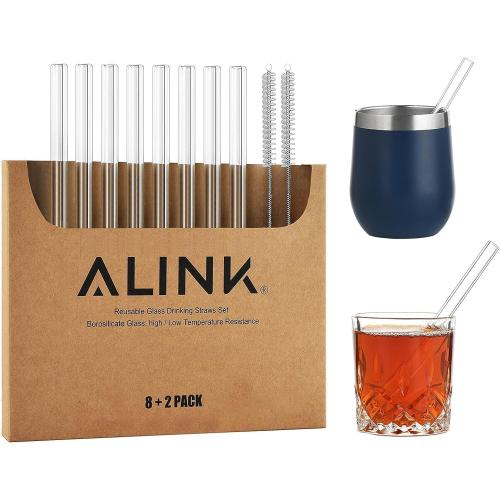 ALINK Short Glass Straws, 6 in x 10 mm Clear Straws for Cocktails, Whiskey, Coffee, Pack of 8 with Cleaning Brush