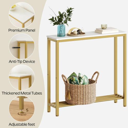 YATINEY Narrow Console Table, 2-Tier Small Sofa Table, 29.5 Thin Entryway Behind Couch Table with Shelves, Industrial Hallway Table, for Living Room, Foyer, White and Gold CT03DW