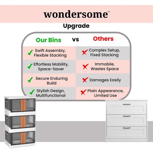Wondersome Collapsible Storage Bins - 3-Pack of Large 8.5-Gallon/33.8-Quart Stackable Wheeled Clothing, Shoe, Bedroom, Office Organizer - Foldable Containers and Assembles in Second - US-Based Brand