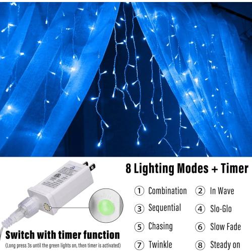 Joomer Christmas Icicle Lights - 66FT String Lights Outdoor Waterproof, 8 Modes Timer Connectable Plug-in String Light for Eaves, Roofs, Christmas Decorations (Blue, Non-Connectable)