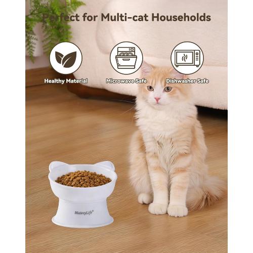 MateeyLife Raised Cat Bowls, Cat Food Bowl Elevated for Kittens & Small Dogs, 15°Tilted Protect Pets' Neck and Anti Vomiting, Whisker Friendly Food & Water Feeding Bowl, 6 oz Each - White