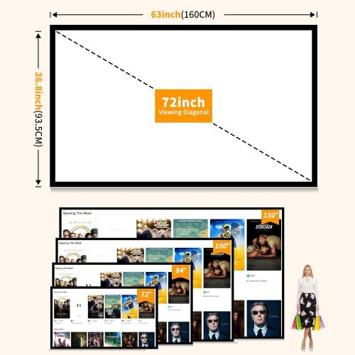 Taotique Projector Screen 72 inch, Movie Projector Screen 16:9 HD Foldable and Portable Anti-Crease Indoor Outdoor Projection Double Sided Video Projector Screen for Home, Party, Office, Classroom