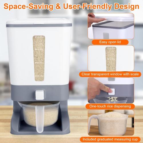 Mity rain Rice Dispenser 20 Lbs with Moisture Absorbing Clay | Rice Storage Container with Measuring Cup, 12 L Cereal Containers Storage Airtight for Kitchen Pantry Organization