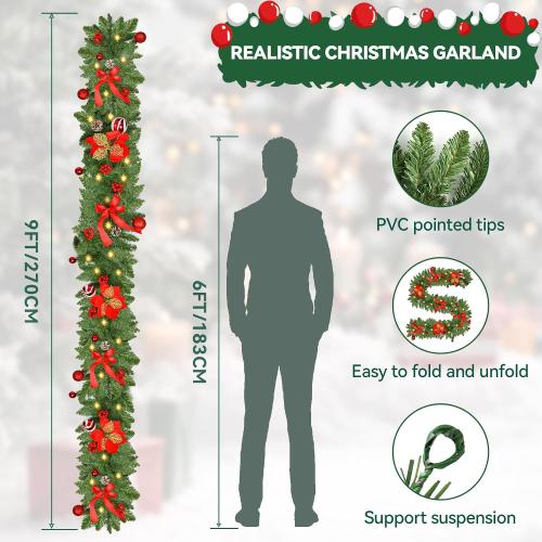 Christmas Garland with Lights, 9FT 30 LED Prelit Christmas Garland with Pinecones, Flowers, Bows, Outdoor Indoor Christmas Decorations Garland Battery Operated with Timer for Stairs,Mantel,Door,Window