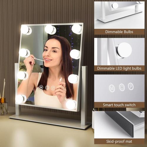 WHITE Hollywood Vanity Makeup Mirror with Lights - 9 LED Bulbs, Touch Control, 3 Colors Light, 360° Rotation, Light Up Vanity Mirror for Dressing Room & Bedroom