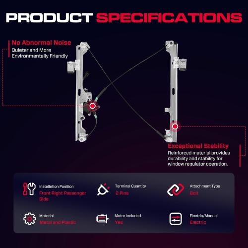 Front Passenger Side Power Window Regulator with Motor (2 Pins) Fit for 2001-2006 Chevrolet Silverado 1500 3500, Avalanche Suburban GMC Sierra 1500 2500 3500 Yukon XL Cadillac Escalade, 741-645