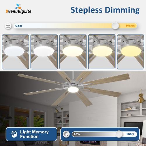 Large Ceiling Fans with Lights: Modern 72 Inch 8 Blade Outdoor Ceiling Fan with Remote APP Control - Dimmable Wood Big Fan light Indoor Reversible 6 Speed Quiet DC Motor