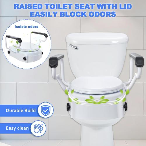 Raised Toilet Seat with Handles, 3 Heights (2/3.5/5 inch) Adjustable, Toilet Seat Riser for Seniors After Hip/Knee Surgery, 300lbs, Fits Round Toilet, with Lid, White | Adjustable Height