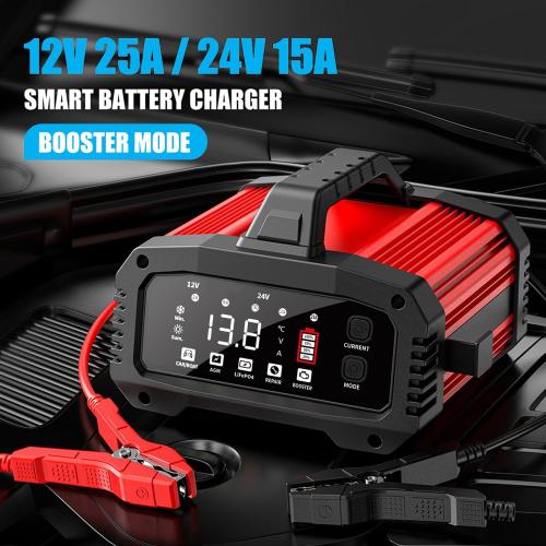 25Amp Car Battery Charger, Maintainer, 12V/24V LiFePO4 Lead Acid (AGM/Gel/SLA) Smart Trickle Charger, Engine Start Booster Mode, Battery Desulfator Repair Charger for Automotive Truck Motorcycle Boat