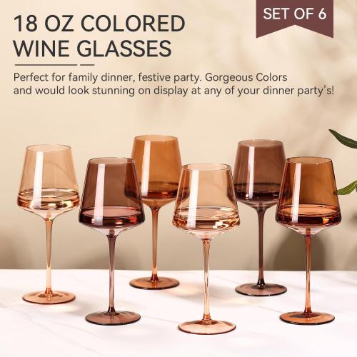 Brown Wine Glasses Set of 6-18oz【Hand Blown】 Crystal Amber Stemmed Venus Wine Glasses-Brown Wine Glass set for Fall Autumn Winter Wine Dinner