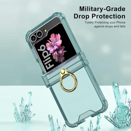 for Samsung Galaxy Z Flip 6 Clear Case Luxury Hinge Protection with Ring Holder & Screen Protector Soft All-Inclusive Shockproof Cover (Green)