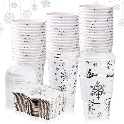 48 Pack 16 oz Snowflake Disposable Coffee Cups with Lids and Sleeves Silver Winter To Go Paper Coffee Cups Beverage Drinking Cups for Christmas Frozen Party Office Travel Business Supplies