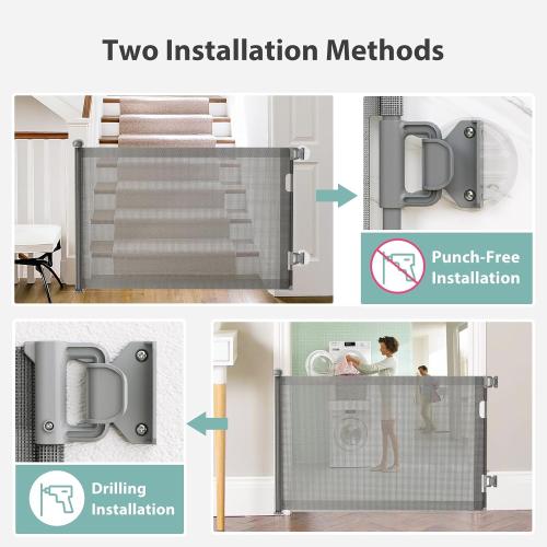No-Drill Retractable Baby Gates for Stairs with Auto-Lock,33 Tall,Extends up to 55 Wide Mesh Baby Dog Pet Cat Gate with Double Lock for Doorways,Child Gate for Hallways Kitchen Indoor Outdoor Grey