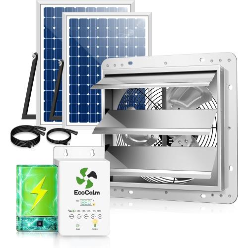 10 Solar Exhaust Fan for Greenhouse with Battery and Adjustable Thermostat, Attic Fans for Garage and Shed with 2PCS 15W Bifacial Solar Panels