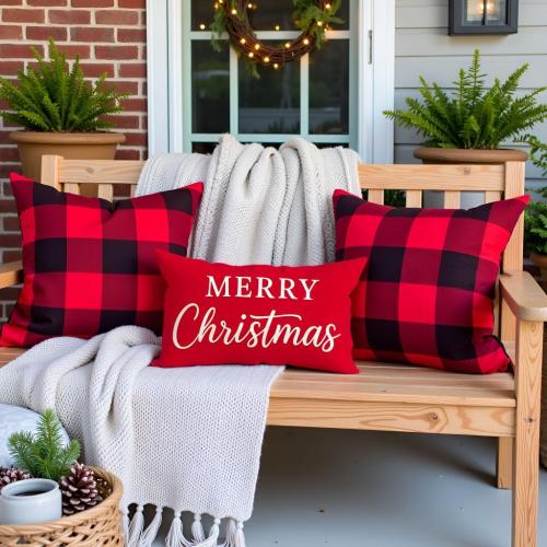PANDICORN Merry Christmas Throw Pillow Cover 12x20, Red Lumbar Decorative Cushion Case for Couch Sofa Holiday Decor, Classic Christmas Pillow Covers Decoration for Home