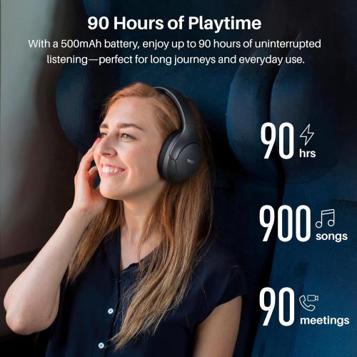 TOZO HT3 Hybrid Noise Cancelling Headphones, 90H Playtime Wireless Over Ear Bluetooth Headset, Spatial Audio AI Chat with 5 Mics, Supports Dual Connection and USB-C Input, with 32 EQ Music Modes