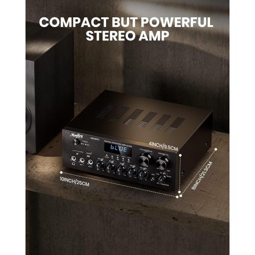 Moukey Stereo Receivers with Bluetooth 5.0, 2.0 Channel Power Audio Amplifier Stereo System w/USB, SD, AUX, RCA, MIC in w/Echo, LED for Karaoke, Home Theater Speakers, 400W Peak, 25W× 2 RMS- MAMP1