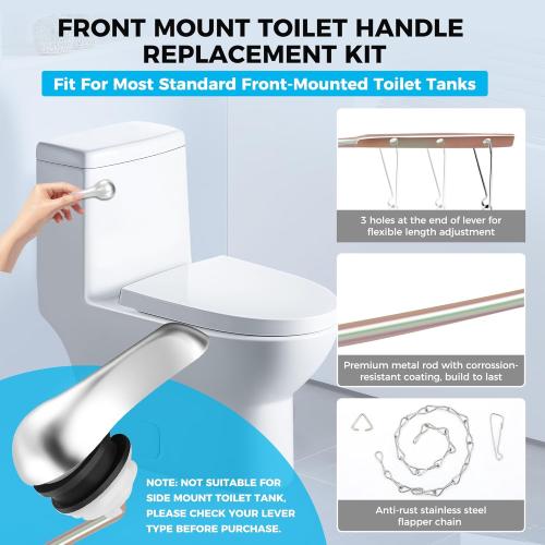 2 Pack Toilet Handle Replacement Kit, Front Mount Toilet Flush Lever Replacement with Anti-Rust Metal Rod/Stainless Steel Flapper Chain, Tank Bowl Handle Trip Levers